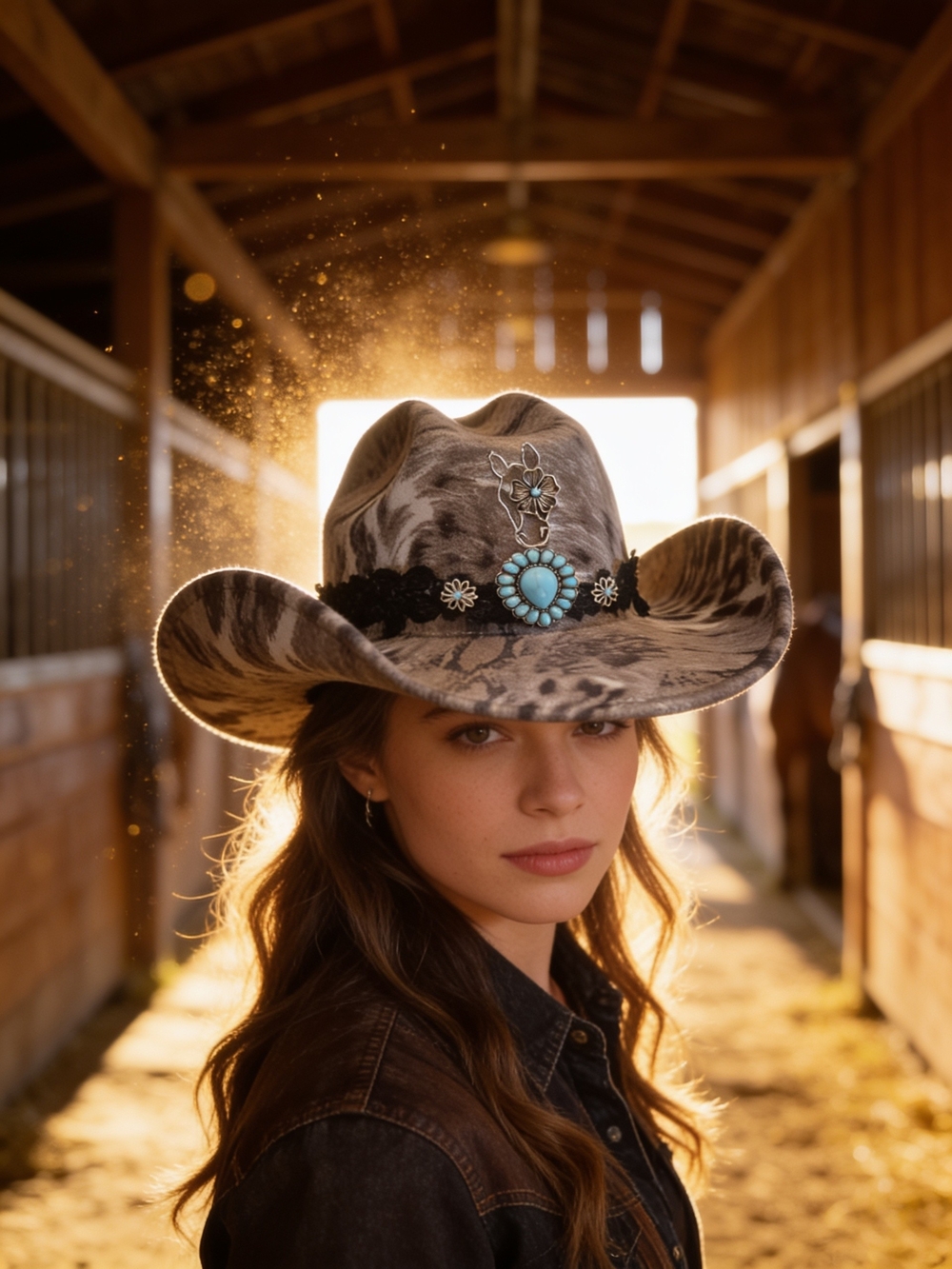 Gray Western Cowgirl Hat with Turquoise Concho